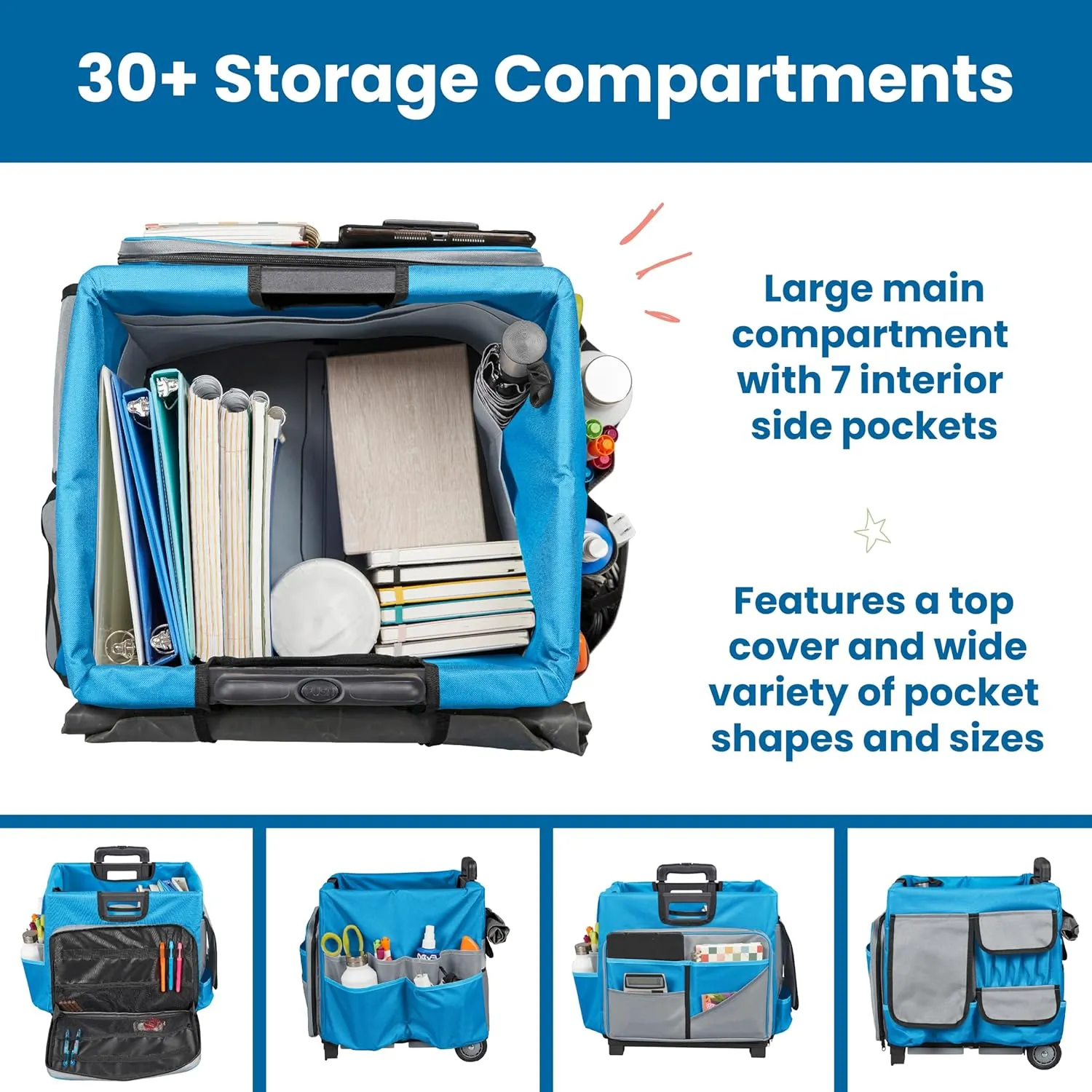 ECR4Kids Universal Rolling Cart with Canvas Organizer Bag, Mobile Storage, Blue/Grey