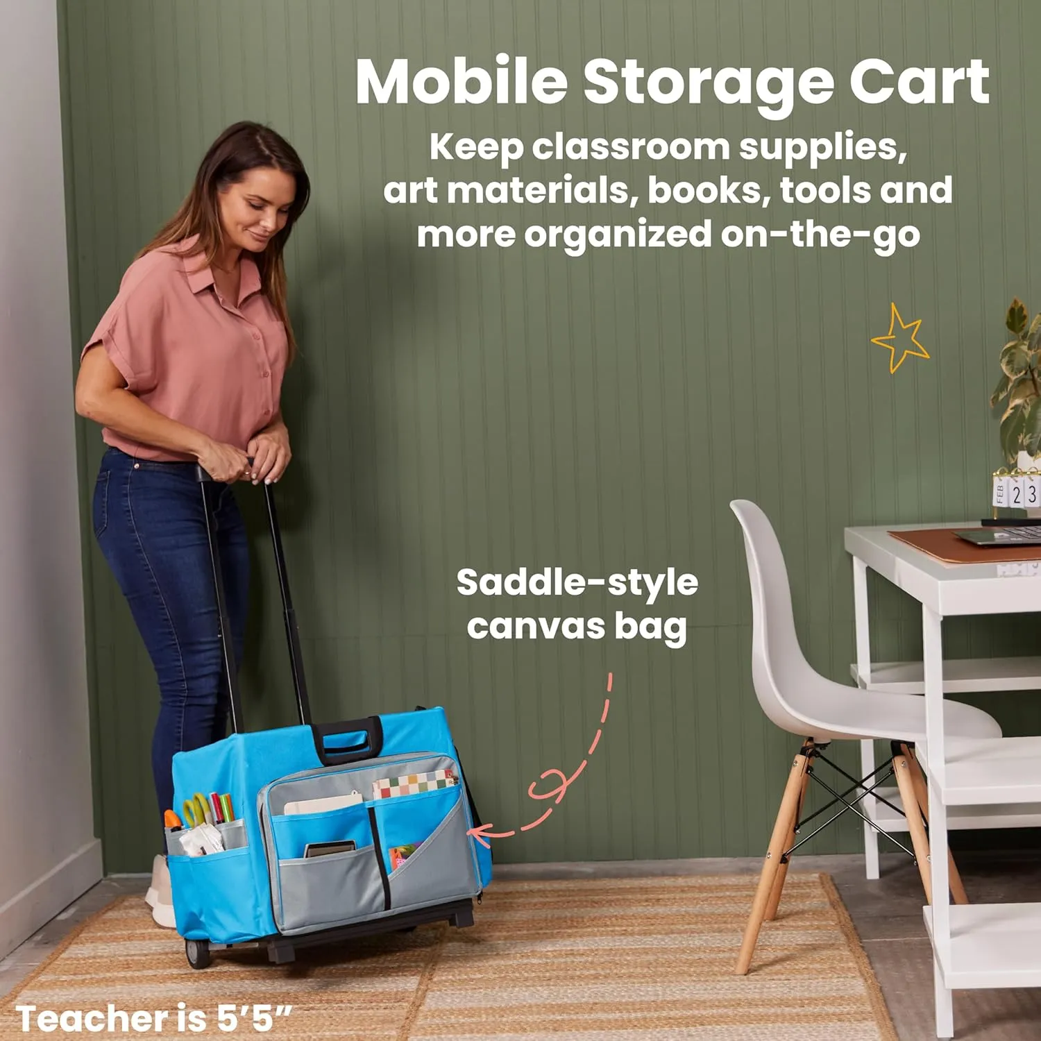 ECR4Kids Universal Rolling Cart with Canvas Organizer Bag, Mobile Storage, Blue/Grey