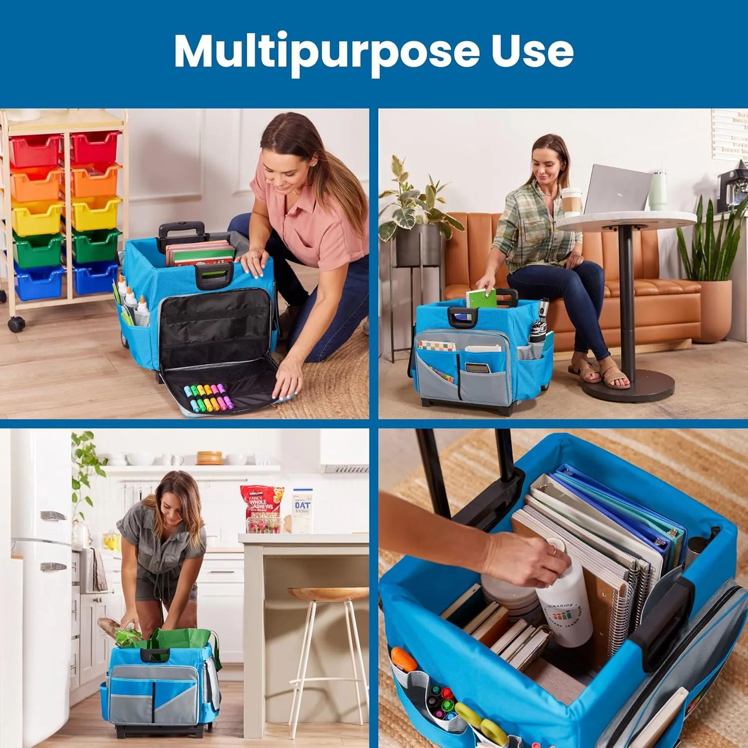 ECR4Kids Universal Rolling Cart with Canvas Organizer Bag, Mobile Storage, Blue/Grey