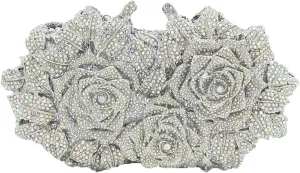 Elegant Women Rose Flower Rhinestone Clutch Handbag Crystal Evening Bag Chain Purse for Wedding Party Cocktail