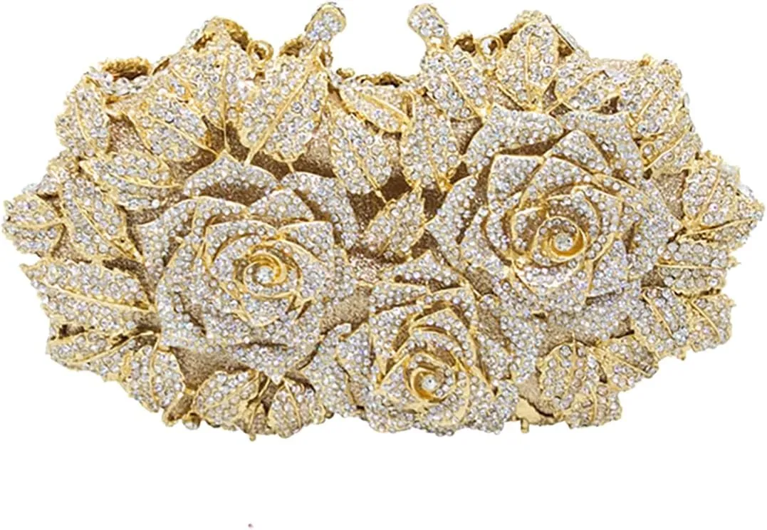 Elegant Women Rose Flower Rhinestone Clutch Handbag Crystal Evening Bag Chain Purse for Wedding Party Cocktail