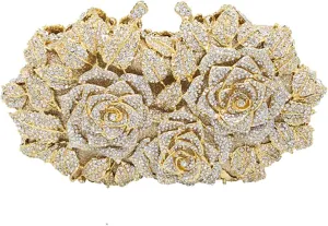 Elegant Women Rose Flower Rhinestone Clutch Handbag Crystal Evening Bag Chain Purse for Wedding Party Cocktail