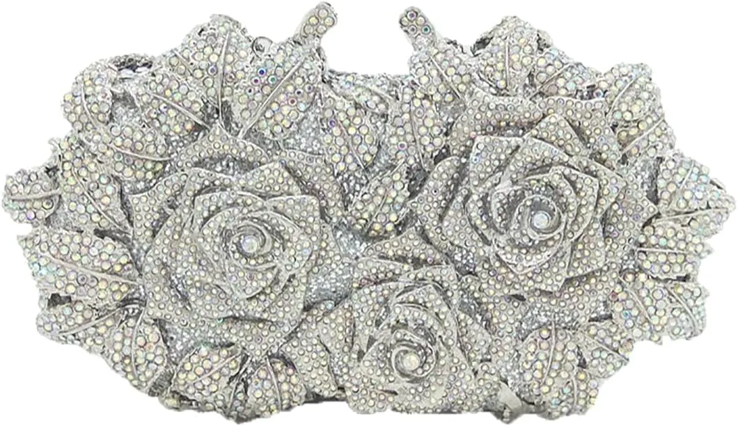 Elegant Women Rose Flower Rhinestone Clutch Handbag Crystal Evening Bag Chain Purse for Wedding Party Cocktail