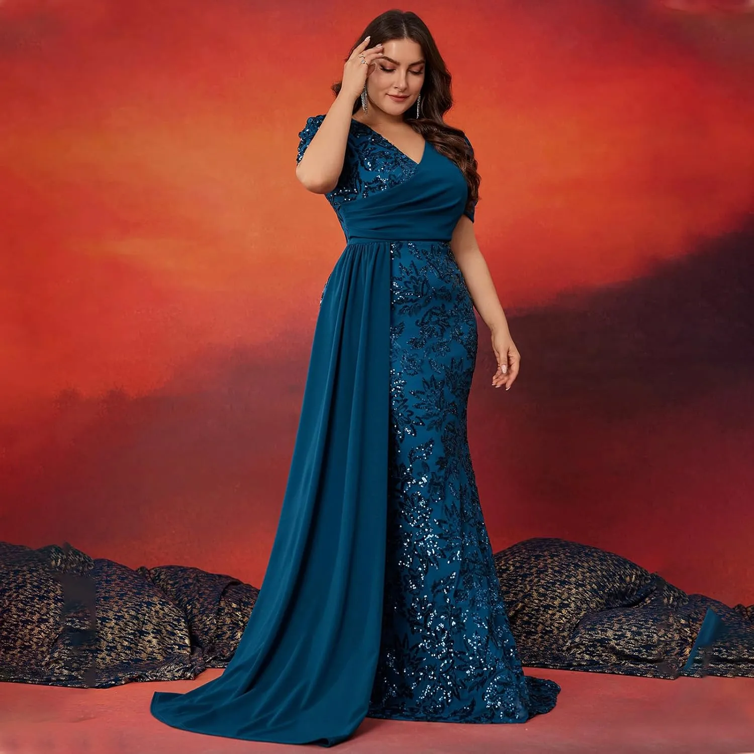 Elegant Women’s Formal Dress Wedding Guest Puff Sleeve Mermaid Ball Gowns Court Train Plus Size Sequin Dresses Long