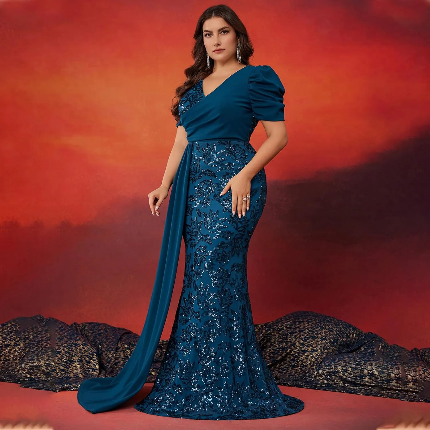 Elegant Women’s Formal Dress Wedding Guest Puff Sleeve Mermaid Ball Gowns Court Train Plus Size Sequin Dresses Long