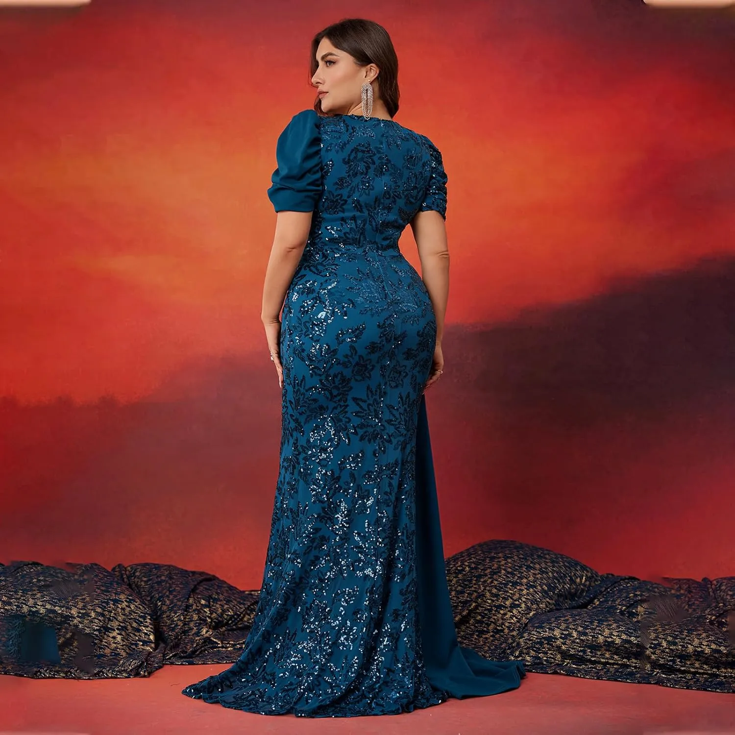 Elegant Women’s Formal Dress Wedding Guest Puff Sleeve Mermaid Ball Gowns Court Train Plus Size Sequin Dresses Long