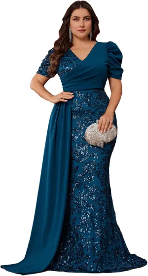 Elegant Women’s Formal Dress Wedding Guest Puff Sleeve Mermaid Ball Gowns Court Train Plus Size Sequin Dresses Long