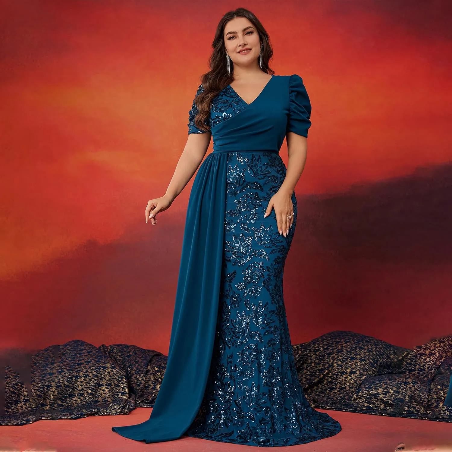Elegant Women’s Formal Dress Wedding Guest Puff Sleeve Mermaid Ball Gowns Court Train Plus Size Sequin Dresses Long