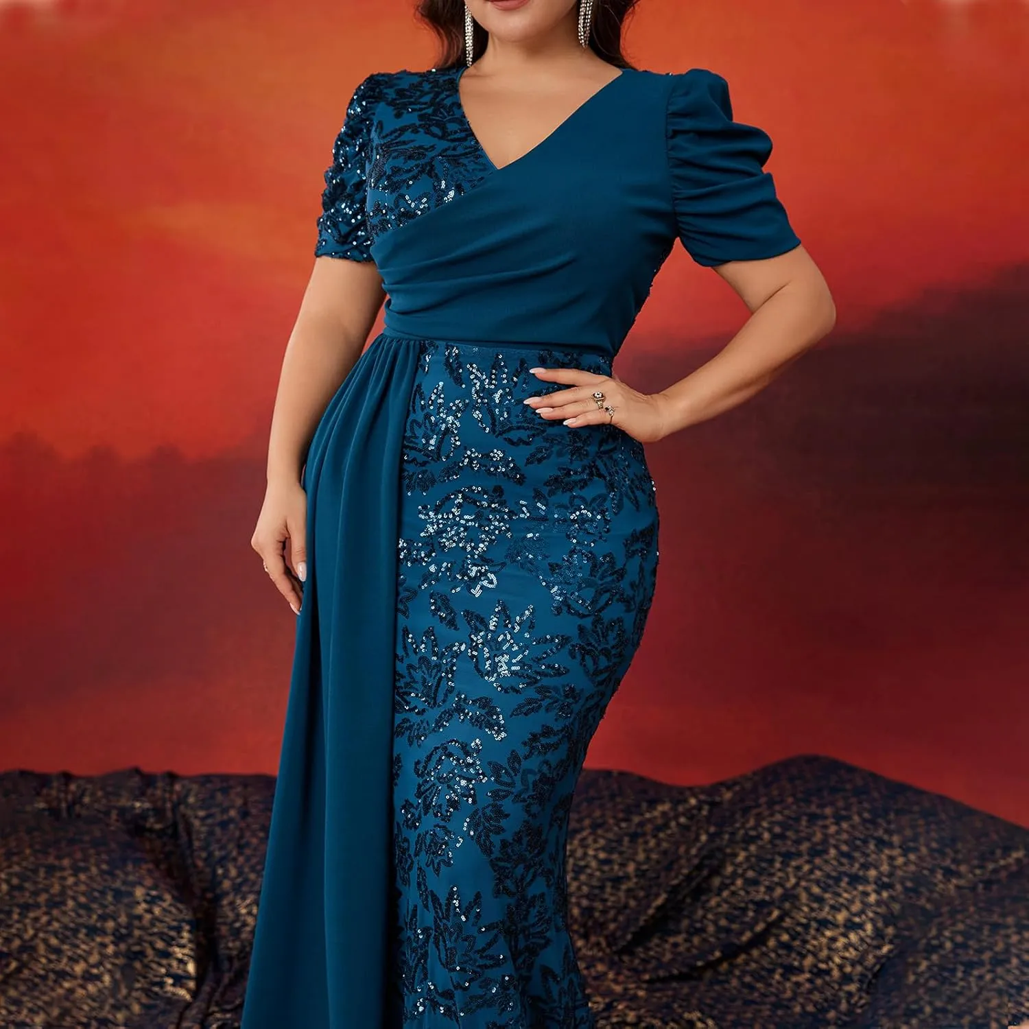 Elegant Women’s Formal Dress Wedding Guest Puff Sleeve Mermaid Ball Gowns Court Train Plus Size Sequin Dresses Long