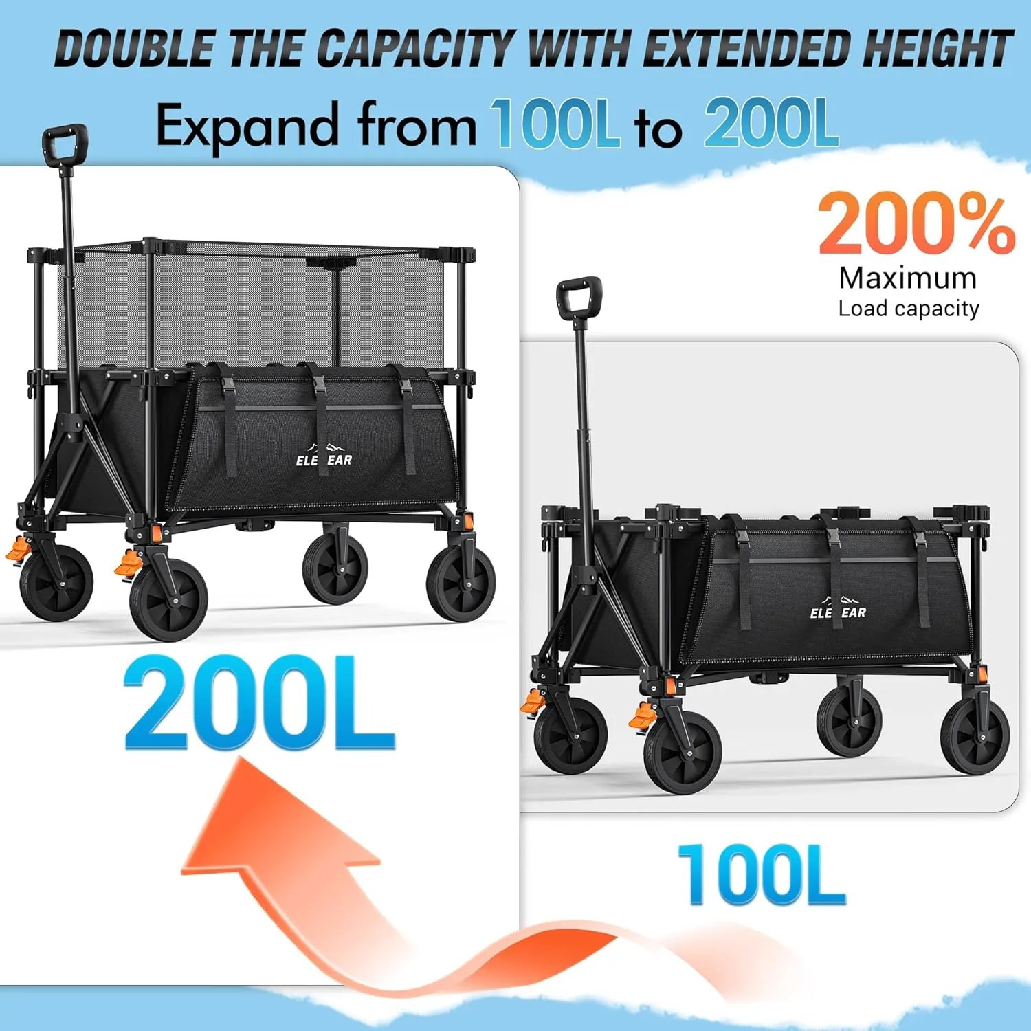 Elegear Wagon Cart Foldable Collapsible 440LBS - Adjustable Capacity from 100L to 200L - Heavy Duty Utility Beach Wagon with All-Terrain Wheels & Smallest Folding Design for Camping Sports Shopping