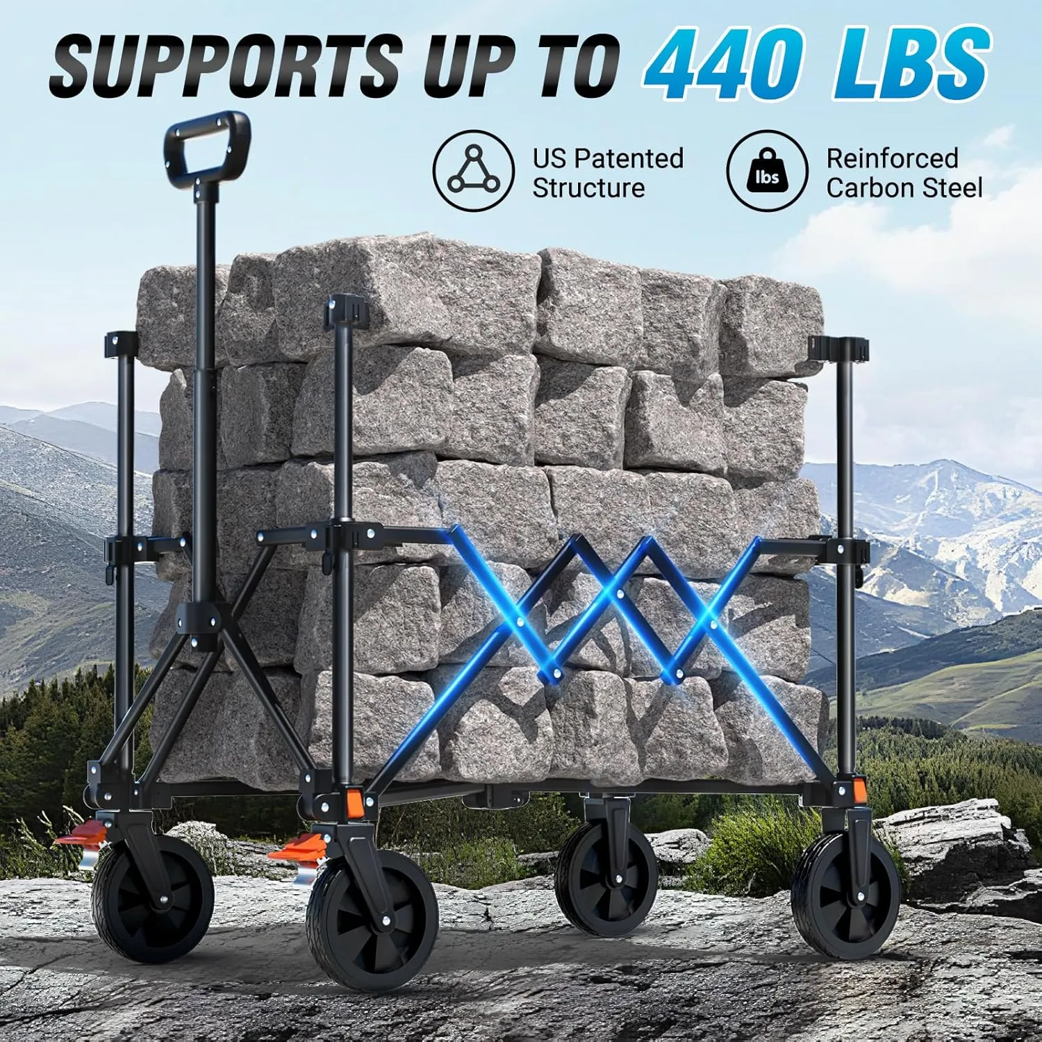 Elegear Wagon Cart Foldable Collapsible 440LBS - Adjustable Capacity from 100L to 200L - Heavy Duty Utility Beach Wagon with All-Terrain Wheels & Smallest Folding Design for Camping Sports Shopping