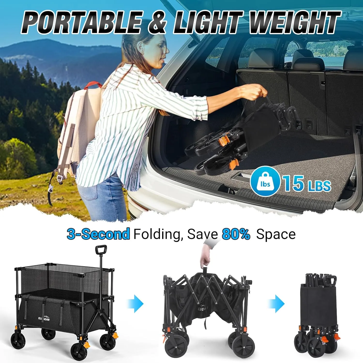 Elegear Wagon Cart Foldable Collapsible 440LBS - Adjustable Capacity from 100L to 200L - Heavy Duty Utility Beach Wagon with All-Terrain Wheels & Smallest Folding Design for Camping Sports Shopping