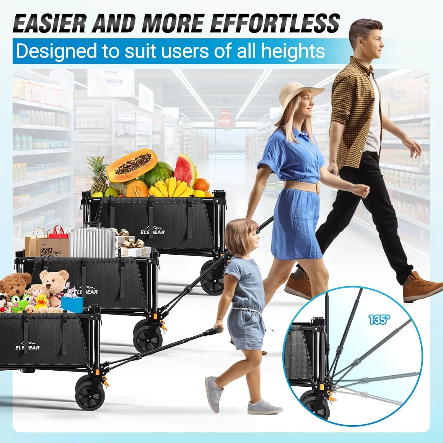 Elegear Wagon Cart Foldable Collapsible 440LBS - Adjustable Capacity from 100L to 200L - Heavy Duty Utility Beach Wagon with All-Terrain Wheels & Smallest Folding Design for Camping Sports Shopping