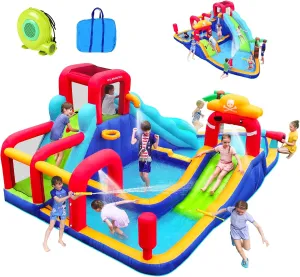 ELEMARA Inflatable Water Slide Bounce House, 10 in 1 Inflatable Water Park with Blower, 2 Slides & 2 Climbing Walls & 2 Water Guns & Giant Deep Pool, Blow up Water Slides for Backyard for 6
