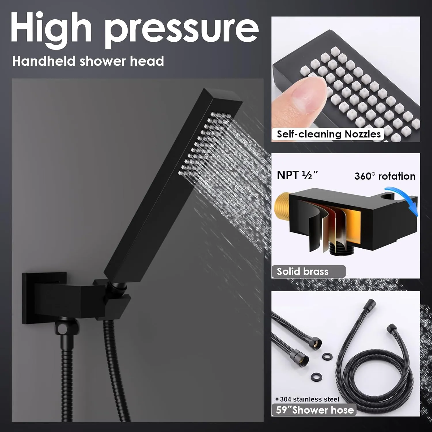 ENGA Bathroom Square Matte Black Solid Brass Hand Held Shower Head With Wall Connector and Hose System Wall Mount Handheld Showerheads Set