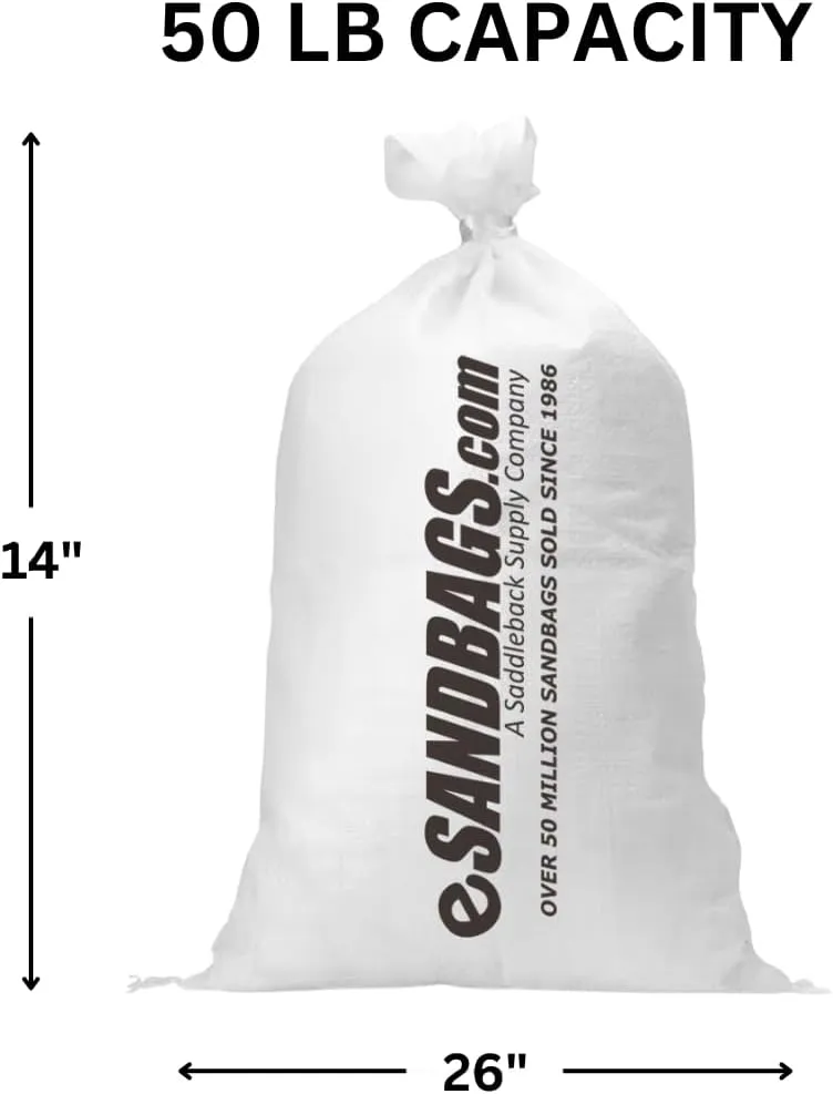 eSANDBAGS. Heavy Duty Sandbags with Tie Strings | Empty Woven Polypropylene Bags for Flood Control, UV Resistant, 50 lb Capacity, 14x26 inches, (50 empty eSandbags)