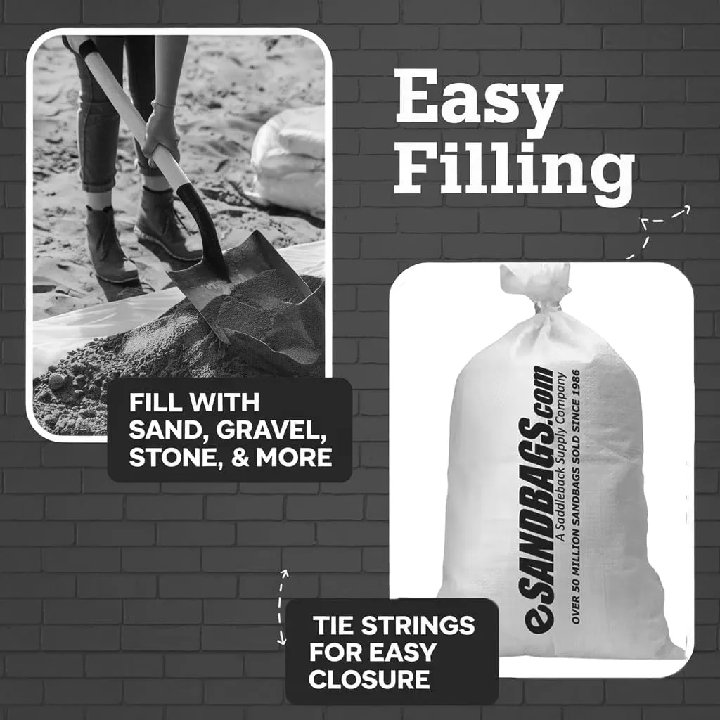 eSANDBAGS. Heavy Duty Sandbags with Tie Strings | Empty Woven Polypropylene Bags for Flood Control, UV Resistant, 50 lb Capacity, 14x26 inches, (50 empty eSandbags)