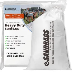 eSANDBAGS. Heavy Duty Sandbags with Tie Strings | Empty Woven Polypropylene Bags for Flood Control, UV Resistant, 50 lb Capacity, 14x26 inches, (50 empty eSandbags)