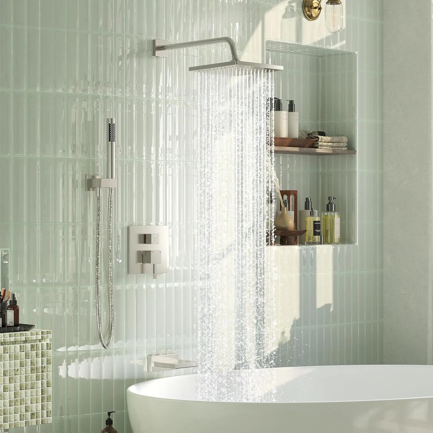 Esnbia Shower System with Tub Spout, Wall Mounted Bathtub Shower Faucet Set, 10 Inch Rain Shower Head and Handheld Shower Head Set, High Pressure Tub Shower Kit with Shower Valve, Brushed Nickel