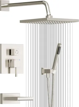 Esnbia Shower System with Tub Spout, Wall Mounted Bathtub Shower Faucet Set, 10 Inch Rain Shower Head and Handheld Shower Head Set, High Pressure Tub Shower Kit with Shower Valve, Brushed Nickel