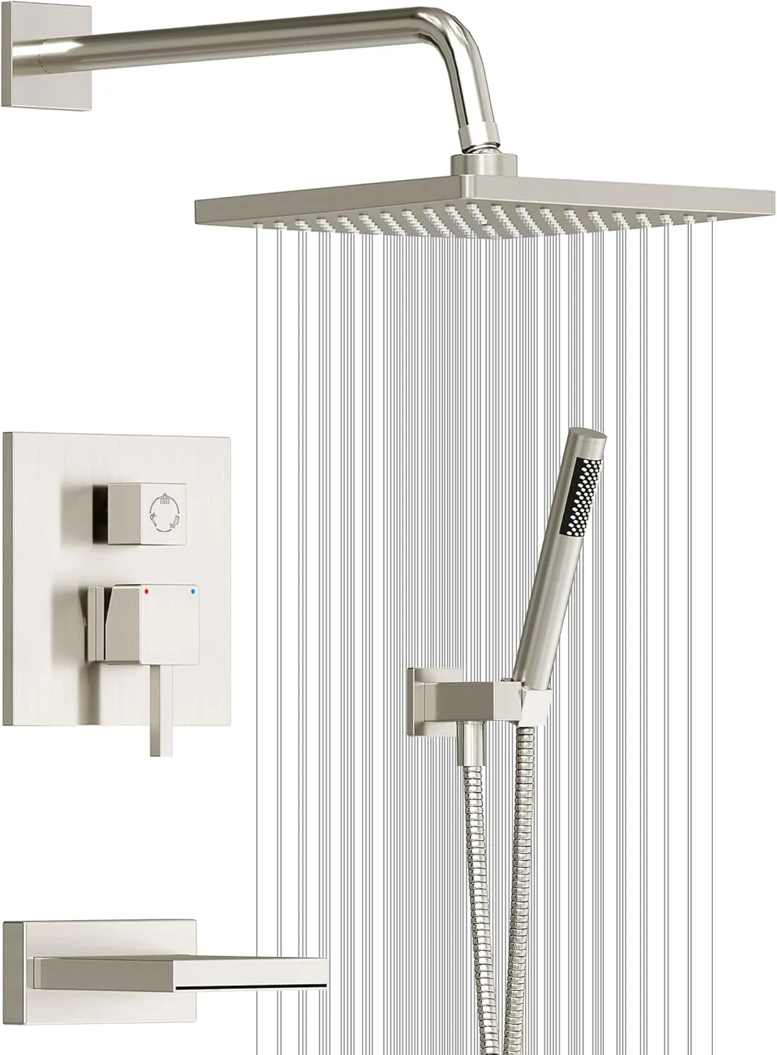 Esnbia Shower System with Tub Spout, Wall Mounted Bathtub Shower Faucet Set, 10 Inch Rain Shower Head and Handheld Shower Head Set, High Pressure Tub Shower Kit with Shower Valve, Brushed Nickel