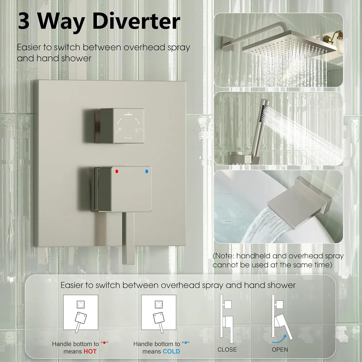 Esnbia Shower System with Tub Spout, Wall Mounted Bathtub Shower Faucet Set, 10 Inch Rain Shower Head and Handheld Shower Head Set, High Pressure Tub Shower Kit with Shower Valve, Brushed Nickel