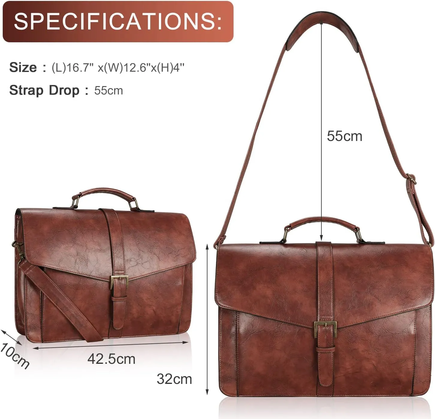 ESTARER Men's Leather Briefcase for Travel/Office/Business 15.6 Inch Laptop Messenger Bag, Brown