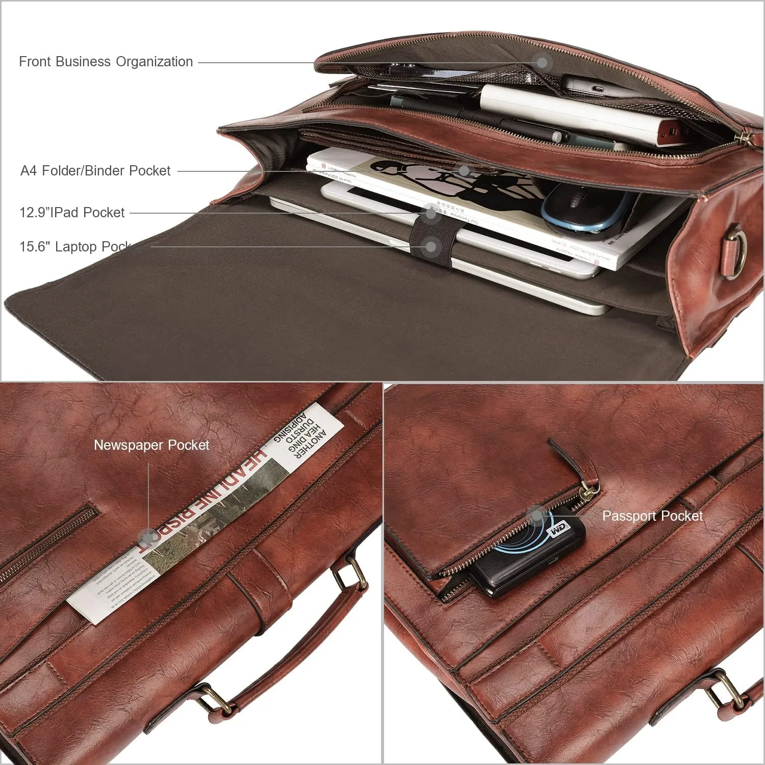 ESTARER Men's Leather Briefcase for Travel/Office/Business 15.6 Inch Laptop Messenger Bag, Brown