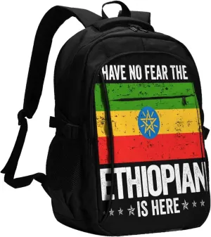 Ethiopia Flag The Ethiopian Is Here Casual Travel Backpacks Hiking Camping Backpack Large Outdoor Sport Daypack Laptop Rucksack Climbing Working Bags with USB Port