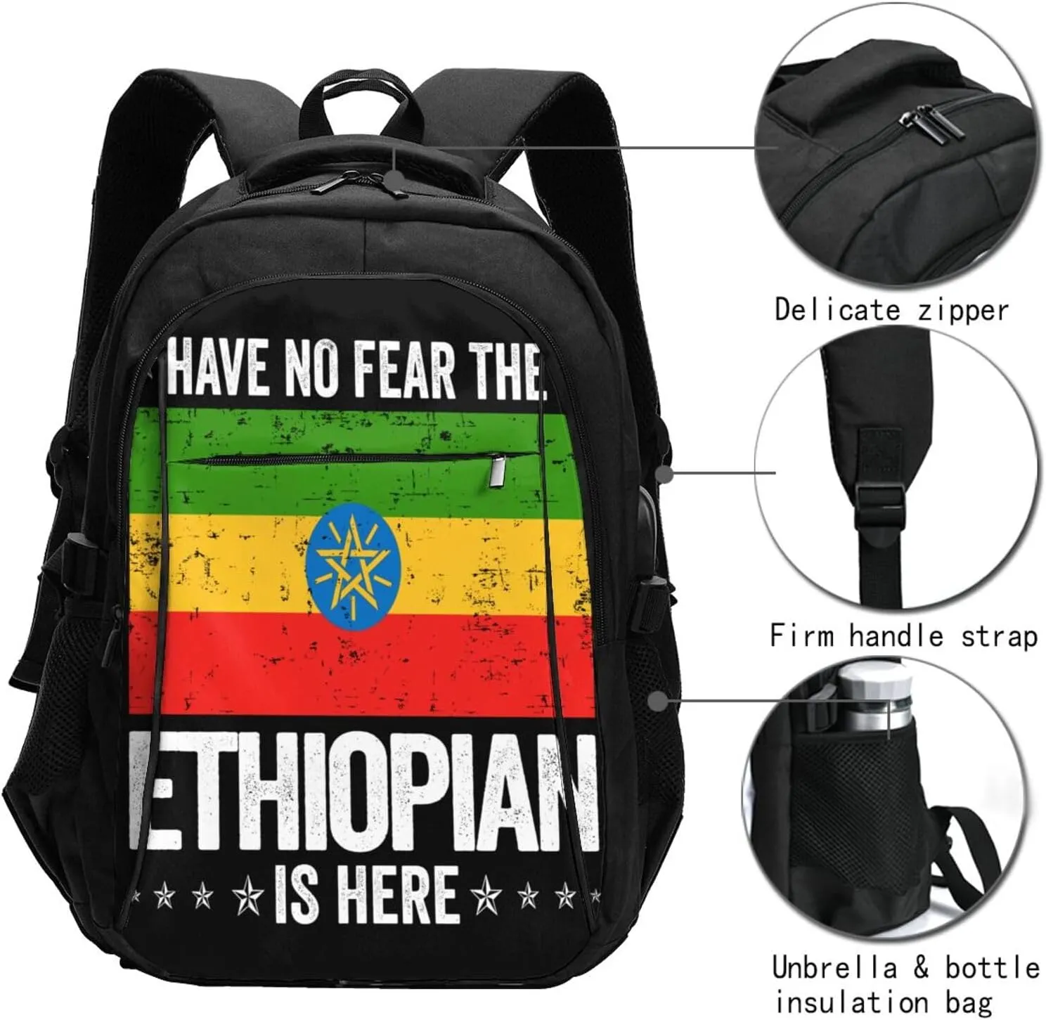 Ethiopia Flag The Ethiopian Is Here Casual Travel Backpacks Hiking Camping Backpack Large Outdoor Sport Daypack Laptop Rucksack Climbing Working Bags with USB Port
