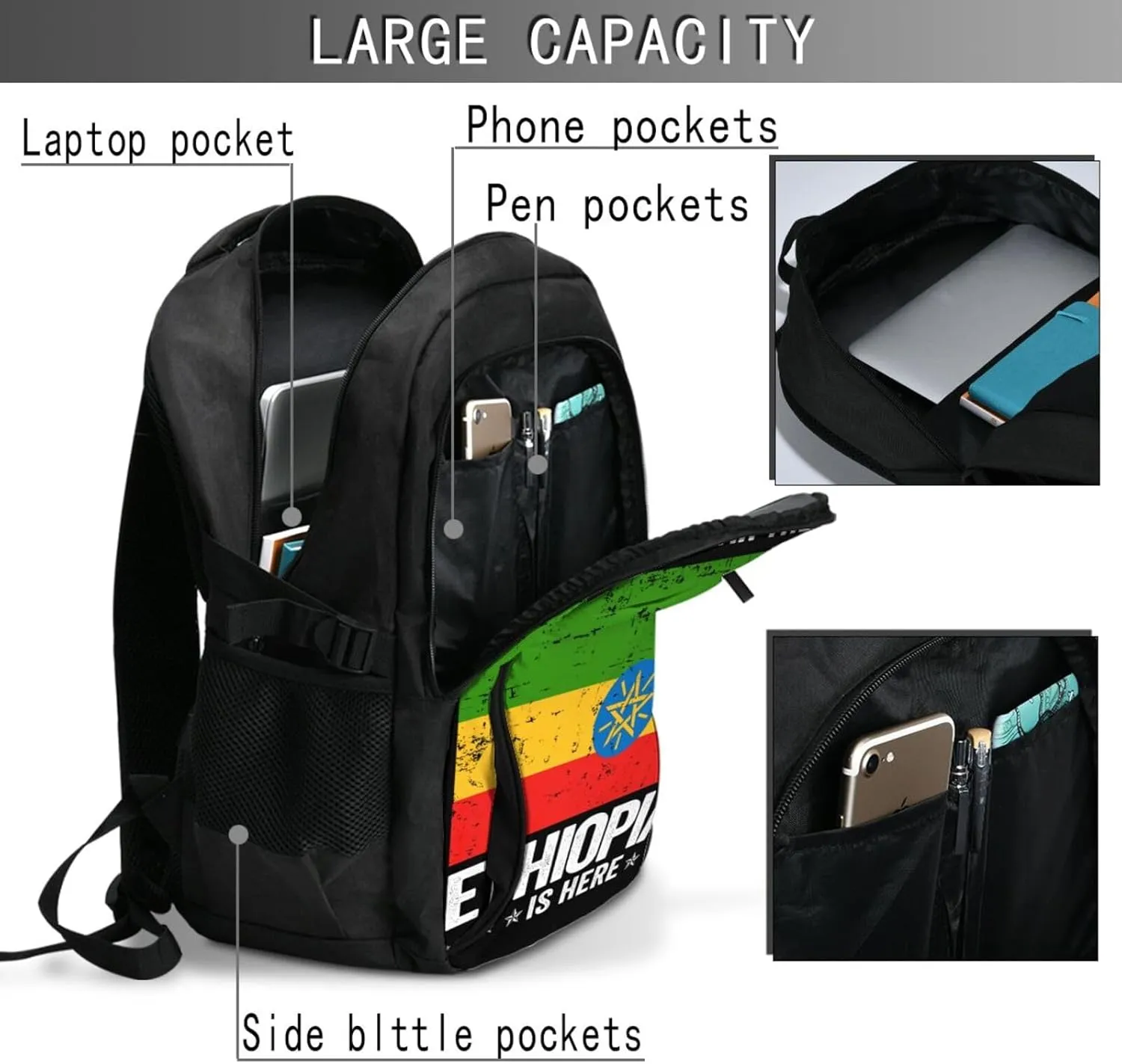 Ethiopia Flag The Ethiopian Is Here Casual Travel Backpacks Hiking Camping Backpack Large Outdoor Sport Daypack Laptop Rucksack Climbing Working Bags with USB Port