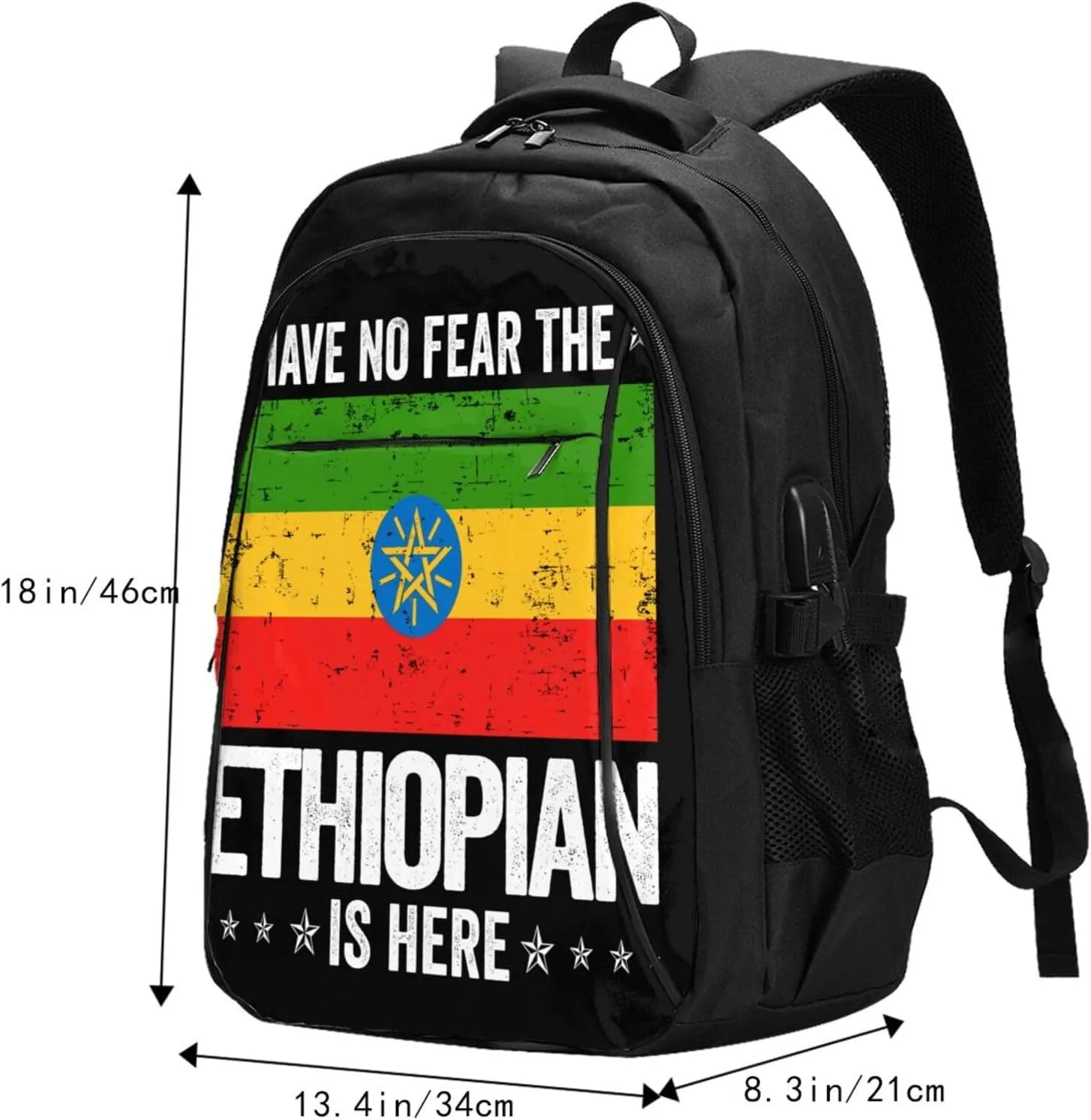 Ethiopia Flag The Ethiopian Is Here Casual Travel Backpacks Hiking Camping Backpack Large Outdoor Sport Daypack Laptop Rucksack Climbing Working Bags with USB Port