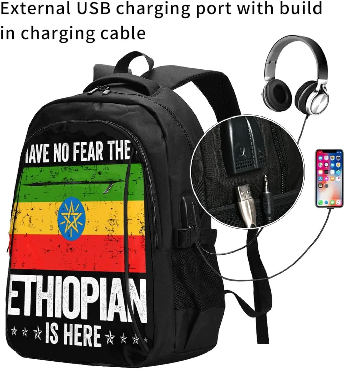 Ethiopia Flag The Ethiopian Is Here Casual Travel Backpacks Hiking Camping Backpack Large Outdoor Sport Daypack Laptop Rucksack Climbing Working Bags with USB Port
