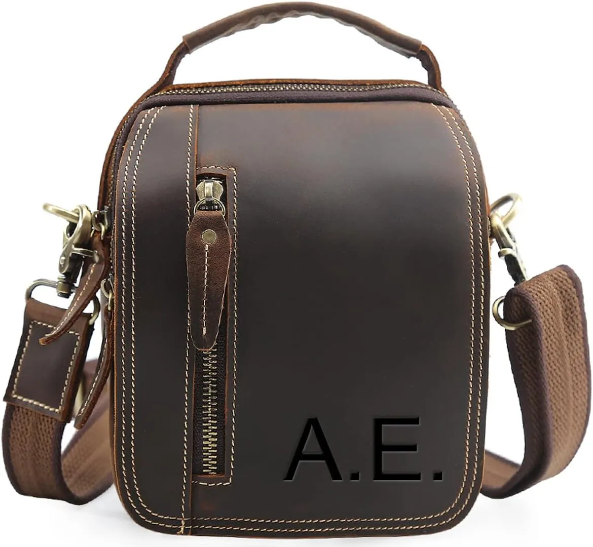 EURYNOME Small Leather Messenger Bag for Men, Full Grain Leather Flap Over Zipper Waist Bag, Gift for Men