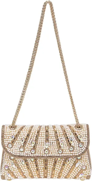 Evening Bags Clutch Purses for Women Formal, Beaded Purses Crystal Rhinestone Crossbody Handbag with Chain Shoulder Bag Sparkly for Wedding Guest Party Gold