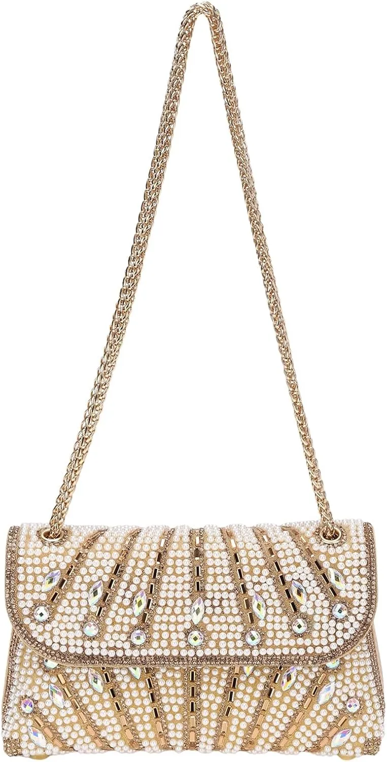 Evening Bags Clutch Purses for Women Formal, Beaded Purses Crystal Rhinestone Crossbody Handbag with Chain Shoulder Bag Sparkly for Wedding Guest Party Gold