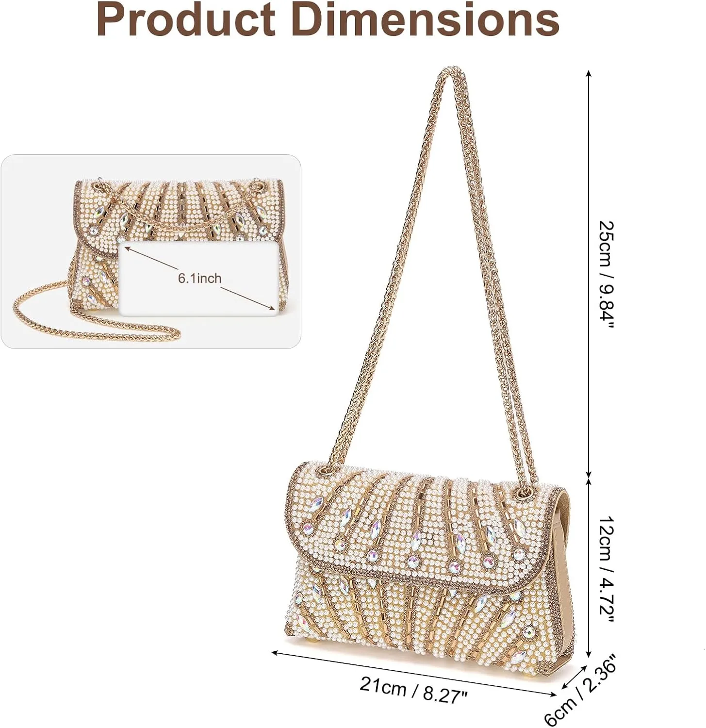 Evening Bags Clutch Purses for Women Formal, Beaded Purses Crystal Rhinestone Crossbody Handbag with Chain Shoulder Bag Sparkly for Wedding Guest Party Gold