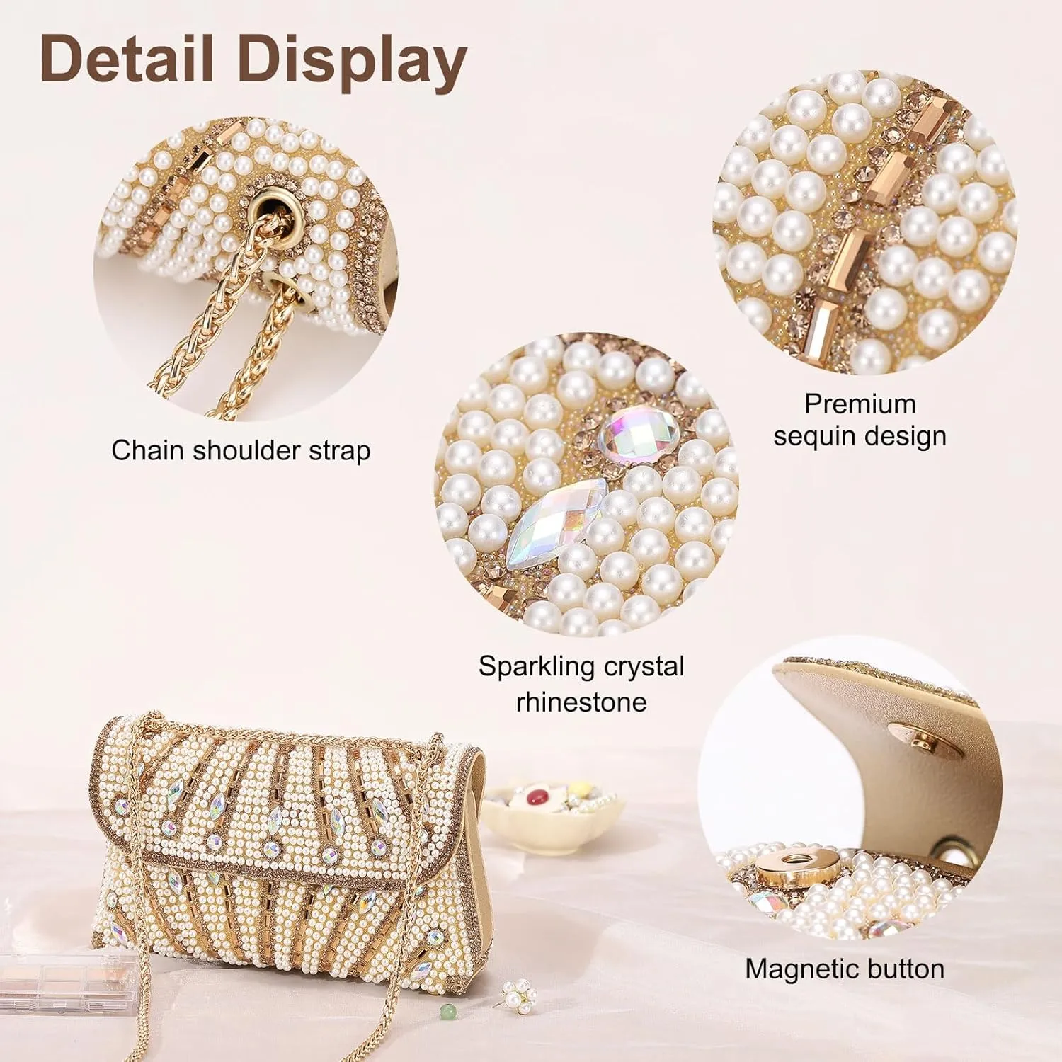 Evening Bags Clutch Purses for Women Formal, Beaded Purses Crystal Rhinestone Crossbody Handbag with Chain Shoulder Bag Sparkly for Wedding Guest Party Gold