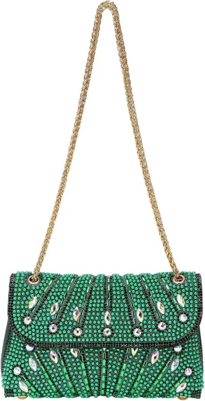 Evening Bags Clutch Purses for Women Formal, Beaded Purses Crystal Rhinestone Crossbody Handbag with Chain Shoulder Bag Sparkly for Wedding Guest Party Green