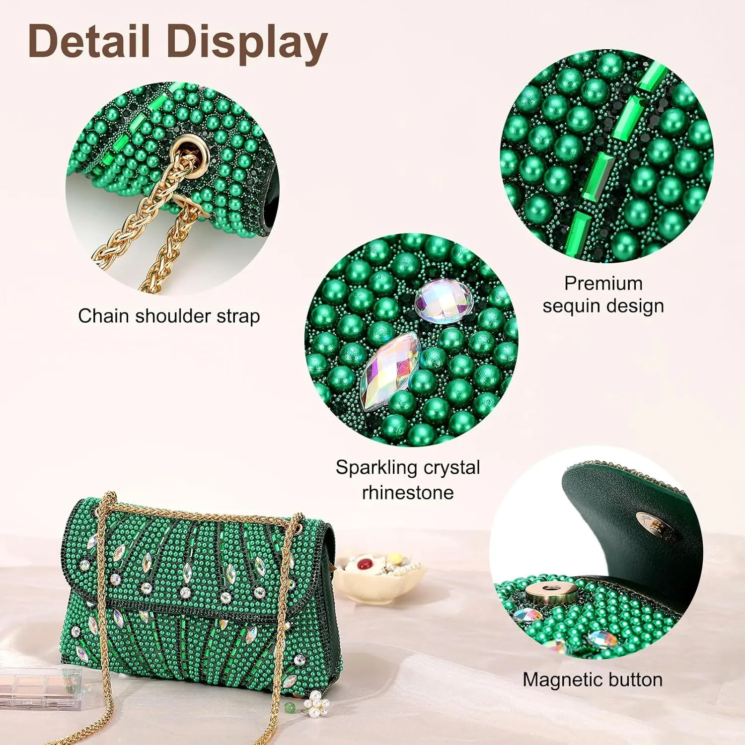 Evening Bags Clutch Purses for Women Formal, Beaded Purses Crystal Rhinestone Crossbody Handbag with Chain Shoulder Bag Sparkly for Wedding Guest Party Green