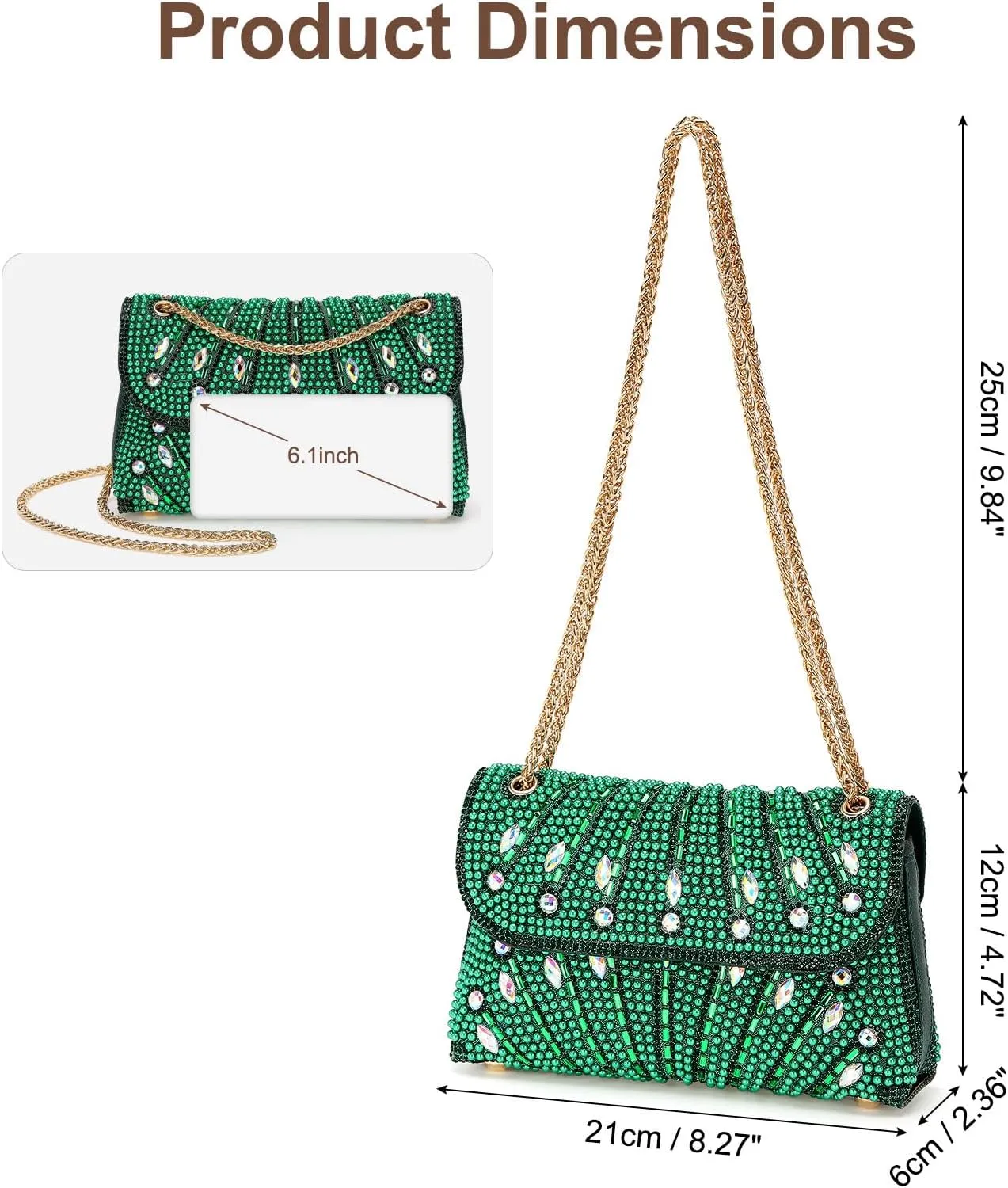 Evening Bags Clutch Purses for Women Formal, Beaded Purses Crystal Rhinestone Crossbody Handbag with Chain Shoulder Bag Sparkly for Wedding Guest Party Green