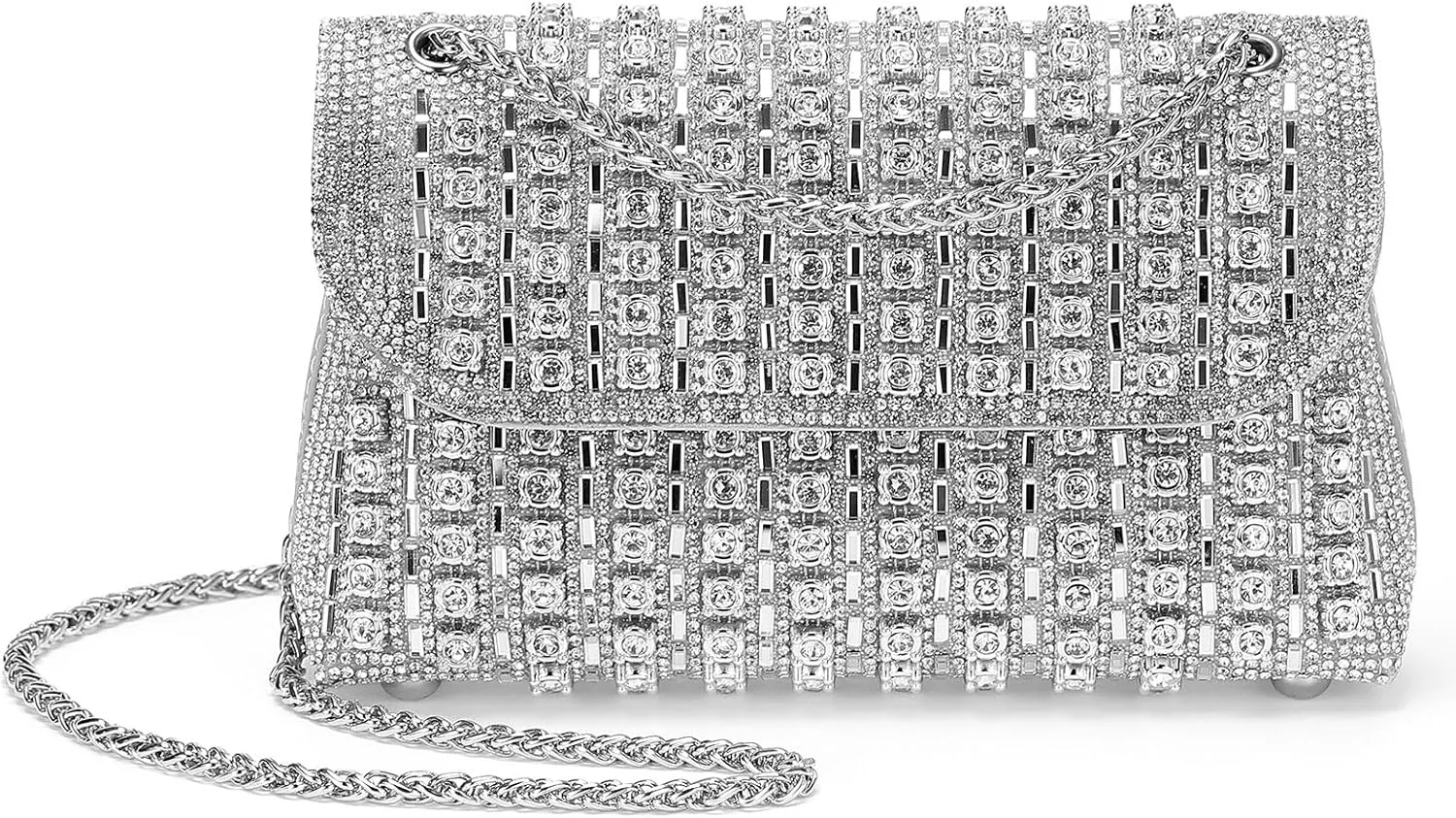 Evening Bags Clutch Purses for Women Formal, Crossbody Handbag with Chain Shoulder Bag Crystal Rhinestone Sparkly Stylish for Wedding Bride Guest Party Silver