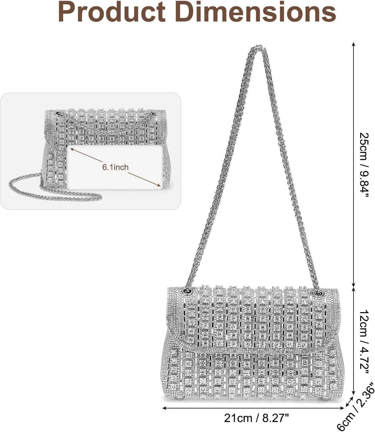 Evening Bags Clutch Purses for Women Formal, Crossbody Handbag with Chain Shoulder Bag Crystal Rhinestone Sparkly Stylish for Wedding Bride Guest Party Silver