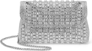Evening Bags Clutch Purses for Women Formal, Crossbody Handbag with Chain Shoulder Bag Crystal Rhinestone Sparkly Stylish for Wedding Bride Guest Party Silver