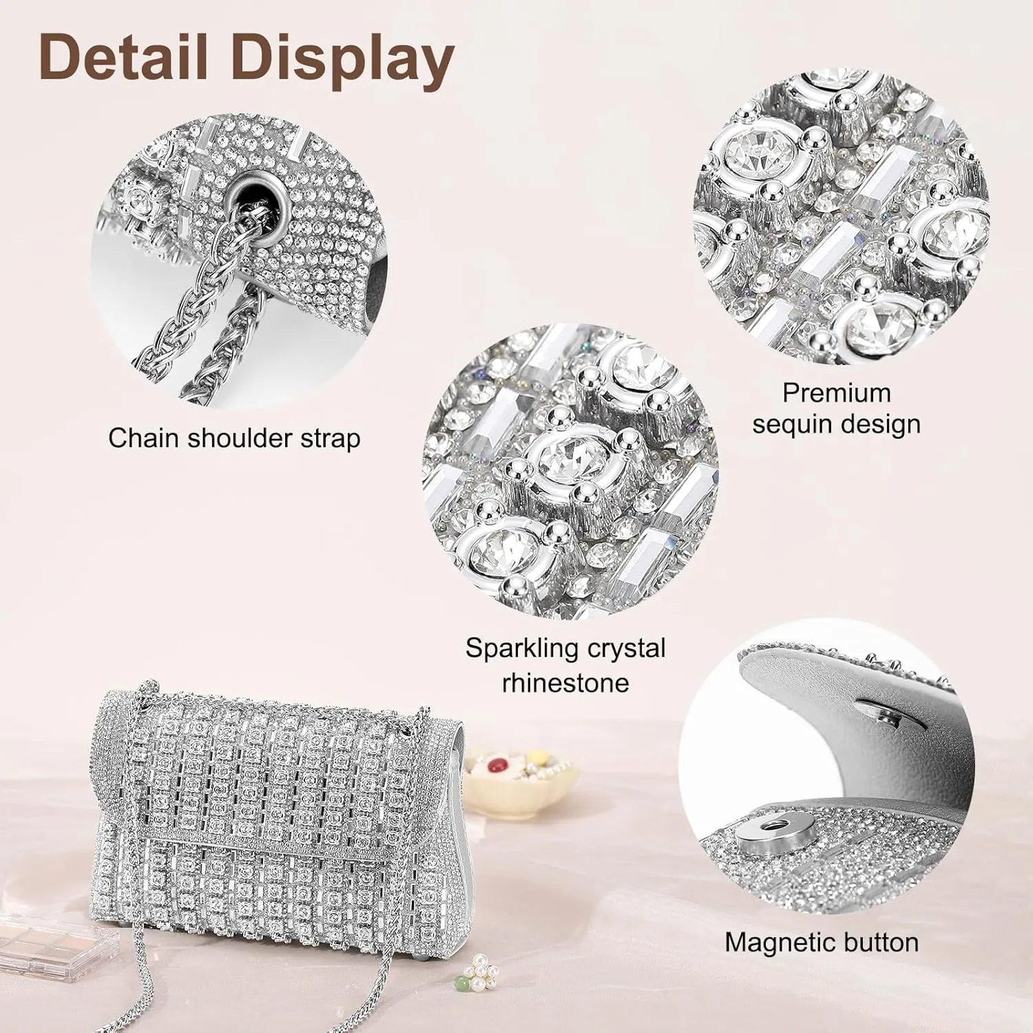 Evening Bags Clutch Purses for Women Formal, Crossbody Handbag with Chain Shoulder Bag Crystal Rhinestone Sparkly Stylish for Wedding Bride Guest Party Silver