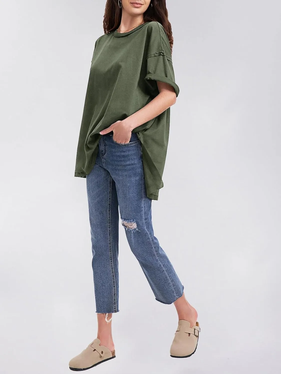 EXLURA Womens Summer Oversized T Shirts 2025 Casual Short Sleeve Loose Maternity Tops Crewneck Tunic Plus Gym Workout Top