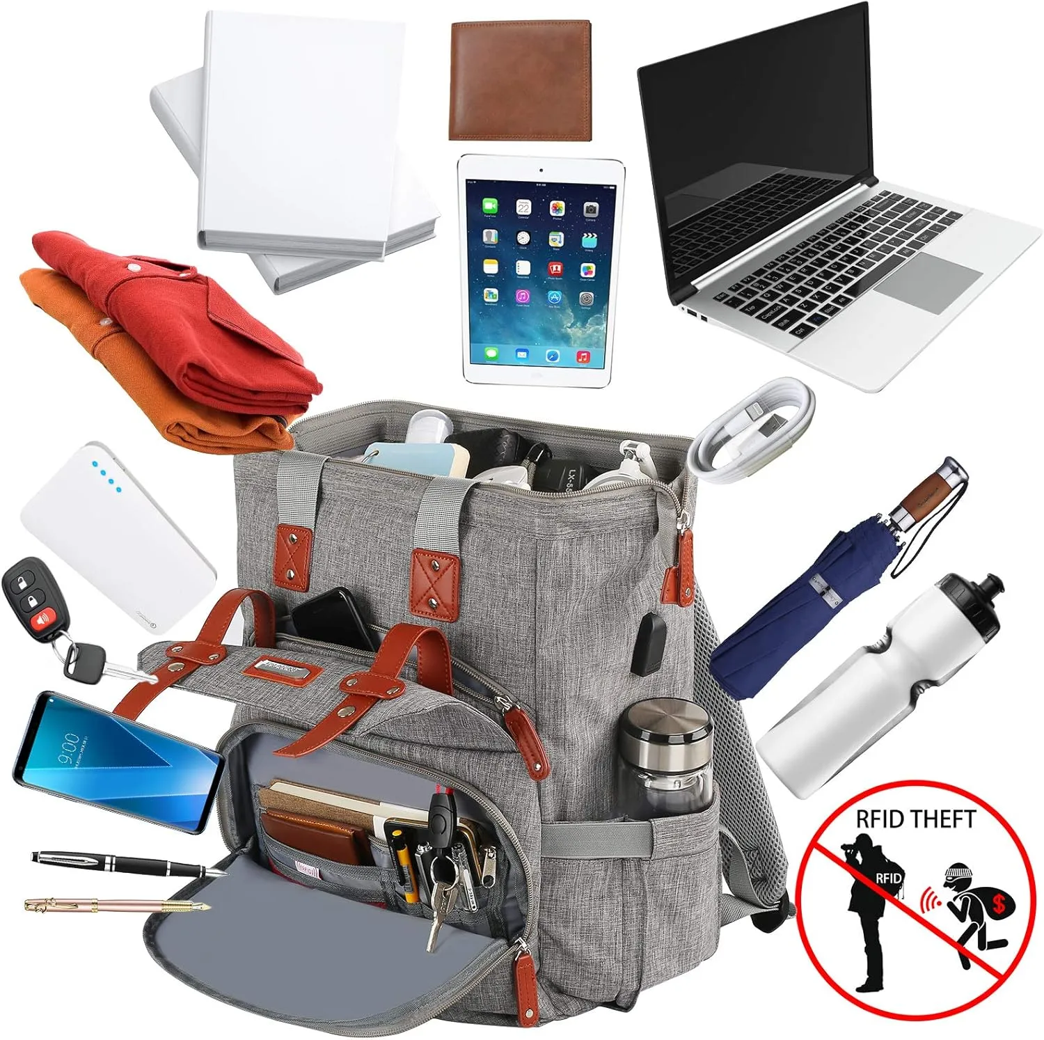 FALANKO Laptop Backpack for Women, Work Doctor Teacher Nurse Wide Open College School Student 17.3 Inch Laptops Bookbag Purse with USB Charging Port, Travel RFID Computer Bag for Men Women Girls Grey