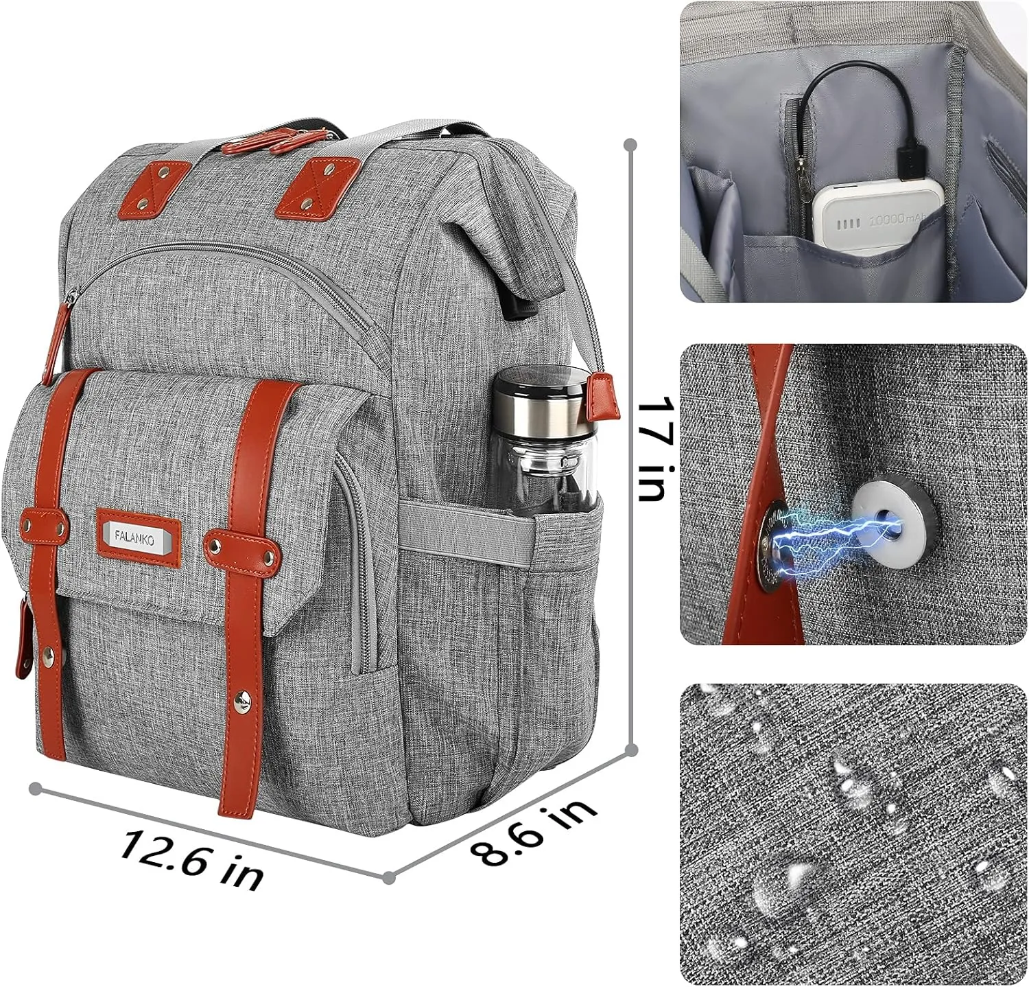 FALANKO Laptop Backpack for Women, Work Doctor Teacher Nurse Wide Open College School Student 17.3 Inch Laptops Bookbag Purse with USB Charging Port, Travel RFID Computer Bag for Men Women Girls Grey