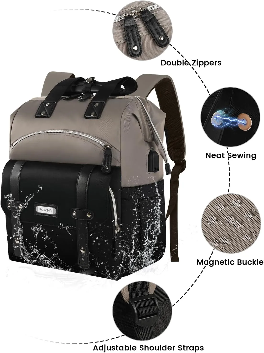 FALANKO Laptop Backpack for Women,Stylish Doctor Nurse Teacher Work Travel Backpack for 15.6 Inch Laptop with RFID Anti-theft USB Charging Port College Purse Business Computer Bookbag Grey Black