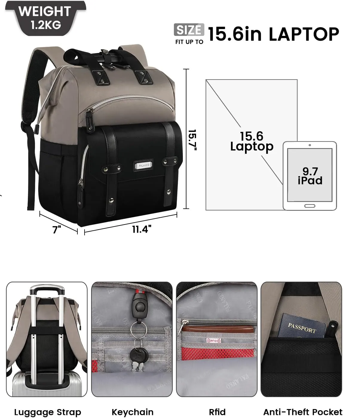 FALANKO Laptop Backpack for Women,Stylish Doctor Nurse Teacher Work Travel Backpack for 15.6 Inch Laptop with RFID Anti-theft USB Charging Port College Purse Business Computer Bookbag Grey Black